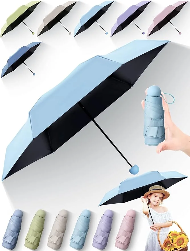 Pinkunn 6 Pieces Travel Mini Umbrella for Purse, Colored Compact Umbrellas, Bulk Small Folding UV Lightweight Portable Windproof Pocket for Sun Rain Protection, Girls Women
